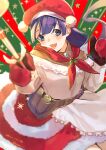  1girl apron bangs belt blue_eyes blunt_bangs blush breasts brooch brown_shirt fate/grand_order fate_(series) fur_trim hat jewelry ladle long_hair long_sleeves looking_at_viewer martha_(fate) martha_(santa)_(fate) medium_breasts mittens off_shoulder open_mouth pouch purple_hair red_headwear red_skirt santa_hat serisawa shirt skirt smile solo white_apron 
