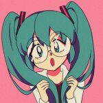  1990s_(style) :o akkasayu bangs blue_eyes blue_hair english_commentary eyebrows_visible_through_hair glasses hatsune_miku head_tilt highres looking_at_viewer open_mouth pink_background portrait retro_artstyle round_eyewear sweater vocaloid white_sweater 