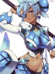  1girl blue_hair breasts chest_jewel dark-skinned_female dark_skin earrings highres jewelry large_breasts navel oyasu_(kinakoyamamori) praxis_(xenoblade) short_hair simple_background solo violet_eyes white_background xenoblade_chronicles_(series) xenoblade_chronicles_2 