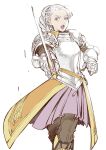  1girl armor braid chris_lightfellow french_braid gensou_suikoden gensou_suikoden_iii gloves looking_at_viewer open_mouth shimizu_aki short_hair silver_hair simple_background solo sword violet_eyes weapon white_background 