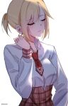 1girl blonde_hair blush closed_eyes closed_mouth english_commentary eyebrows_visible_through_hair highres hololive hololive_english keisea necktie shade short_hair short_ponytail simple_background twitter_username virtual_youtuber watson_amelia white_background 