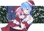  2girls @_@ aasu_(mhgbh510) bare_shoulders bell blood blood_on_hands blood_on_weapon blood_splatter blue_eyes blue_hair blush christmas_tree collarbone commentary earrings eyebrows_visible_through_hair gloves green_eyes hat highres hololive hoshimachi_suisei hug jewelry looking_at_another multiple_girls neck_bell one_eye_closed open_mouth pink_hair red_gloves sakura_miko santa_hat shaded_face smile star_(symbol) star_earrings sweat upper_body virtual_youtuber weapon yandere yuri 