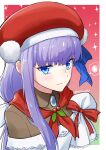  1girl apron bangs blue_eyes blue_ribbon blush breasts brooch brown_shirt cosplay fate/extra fate/extra_ccc fate/grand_order fate_(series) hair_ribbon hat highres jewelry long_hair long_sleeves looking_at_viewer martha_(fate) martha_(santa)_(fate) martha_(santa)_(fate)_(cosplay) meltryllis_(fate) mittens off_shoulder purple_hair red_headwear ribbon santa_hat shirt sleeves_past_fingers sleeves_past_wrists small_breasts solo sparkle torinonest very_long_hair voice_actor_connection white_apron 