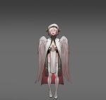  1girl :d absurdres angel_wings beret cloak closed_eyes commentary english_commentary facing_viewer feathered_wings grey_background grey_hair hat highres horns less long_sleeves no_panties open_mouth original own_hands_clasped own_hands_together pelvic_curtain robe short_hair simple_background smile thigh-highs white_wings wings 