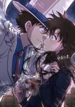  1boy 1girl :3 absurdres black_sailor_collar black_serafuku black_shirt blue_eyes blue_shirt brown_hair cape collared_shirt couple cuffs eye_contact floating_hair from_side gloves handcuffs hetero highres holding imminent_kiss jacket kaitou_kid long_hair looking_at_another magic_kaito nai_gai_hongcha nakamori_aoko neckerchief necktie night open_mouth outdoors red_neckerchief red_necktie sailor_collar sailor_shirt school_uniform serafuku shirt short_hair upper_body white_cape white_gloves white_jacket wing_collar 