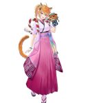  1girl ahoge animal_ears bangs blush bracelet braid cat_ears cat_tail fire_emblem fire_emblem:_radiant_dawn fire_emblem_heroes full_body hand_puppet hand_up highres holding japanese_clothes jewelry kaya8 kimono long_hair looking_at_viewer lyre_(fire_emblem) official_art open_mouth orange_hair puppet rope sandals shiny shiny_hair single_braid smile socks solo standing tabi tail tied_hair transparent_background violet_eyes white_legwear wide_sleeves 
