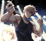  1boy \n/ absurdres alternate_universe artist_name bakugou_katsuki black_tank_top blonde_hair boku_no_hero_academia concert hand_gesture highres holding holding_microphone idol jackray85674939 male_focus microphone muscular muscular_male screen spiky_hair stage stage_lights sweatdrop tank_top topless_male 