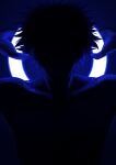  1boy arms_behind_head backlighting black_background blue_theme boku_no_hero_academia burn_scar dabi_(boku_no_hero_academia) ear_piercing facing_viewer highres holding male_focus piercing reirexx1 scar shoulders silhouette spiky_hair stapled toned toned_male topless_male twitter_username 