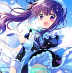  1girl apron bangs black_dress blue_bow blue_sky blush bow brown_hair clouds commentary_request day dress eyebrows_visible_through_hair floating_hair frilled_apron frills hair_between_eyes holding juliet_sleeves long_hair long_sleeves maid_headdress open_mouth original outdoors panties puffy_sleeves sakurazawa_izumi side-tie_panties side_ponytail sky solo striped striped_panties sweat underwear very_long_hair violet_eyes watering_can wavy_mouth white_apron 