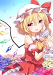  2girls anzu_ame blonde_hair blush commentary_request crystal fang flandre_scarlet flower hand_on_another&#039;s_face hat holding_hands long_hair multiple_girls open_mouth outdoors red_eyes remilia_scarlet shirt siblings side_ponytail sisters skirt sleeveless sleeveless_shirt smile solo_focus touhou wind wind_lift wings 