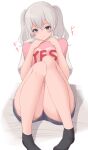  88942731ne alternate_costume black_legwear blue_eyes blue_shorts eyebrows_visible_through_hair holding holding_pillow kantai_collection kashima_(kancolle) knees_up looking_at_viewer object_hug one-hour_drawing_challenge pillow pillow_hug shirt shorts silver_hair sitting smile thighs twintails white_background white_shirt yes-no_pillow 