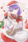  1girl apron bangs belt blue_eyes blunt_bangs breasts brooch brown_shirt fate/grand_order fate_(series) food fruit fur_trim hat hibari_koto highres jewelry ladle long_hair long_sleeves looking_at_viewer martha_(fate) martha_(santa)_(fate) medium_breasts mittens off_shoulder pouch purple_hair red_headwear red_skirt santa_hat shirt skirt smile solo strawberry white_apron 