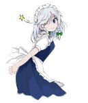  1girl arms_behind_back blue_eyes blush closed_mouth eyebrows_visible_through_hair grey_hair highres ibara_kashipan izayoi_sakuya looking_at_viewer maid maid_headdress one_eye_closed own_hands_clasped own_hands_together short_hair short_sleeves smile solo star touhou 