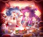  2girls 60mai blue_hair bow cake closed_mouth coffee commentary_request curtains eyebrows_visible_through_hair fang food frilled_sleeves frills hair_between_eyes hat hat_bow holding indoors jewelry long_hair looking_at_another multiple_girls open_mouth partial_commentary patchouli_knowledge pendant purple_hair red_eyes remilia_scarlet short_hair smile sweets table touhou violet_eyes 