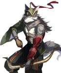  1boy animal_ears asutarou beige_fur bow_(weapon) drawing_bow facial_hair fang feet_out_of_frame fighting_stance furry furry_male goatee green_kimono hadanugi_dousa hair_between_eyes holding holding_bow_(weapon) holding_weapon japanese_clothes kimono long_hair looking_at_viewer male_focus mature_male open_clothes open_kimono single_bare_shoulder solo temujin_(housamo) tokyo_afterschool_summoners toned toned_male tusks weapon wolf_boy wolf_ears 