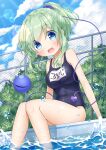  1girl :d alternate_hairstyle anzu_ame arm_support bangs bare_shoulders blue_eyes blue_sky blue_swimsuit blush breasts chain-link_fence clouds cloudy_sky commentary_request cowboy_shot day eyebrows_visible_through_hair fence green_hair heart komeiji_koishi lens_flare looking_at_viewer medium_breasts medium_hair name_tag old_school_swimsuit one-piece_swimsuit open_mouth outdoors ponytail pool poolside school_swimsuit sidelocks sitting sky smile soaking_feet solo splashing swimsuit third_eye tied_hair touhou translated water water_drop wet 