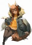  1girl animal_ear_fluff animal_ears arknights bangs behind-the-head_headphones black_coat braid brown_eyes brown_hair brown_legwear coat fur-trimmed_coat fur_trim headphones highres huris_(arknights) invisible_chair jewelry kagura_tohru large_tail long_sleeves looking_at_viewer necklace open_clothes open_coat orange_shirt pantyhose parted_lips shirt side_braid simple_background sitting smile solo tail thigh_strap white_background 
