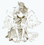  ._. 1girl :o animal animal_on_head arm_support bangs bird bird_on_head bird_wings blush chick dress eyebrows_visible_through_hair feathered_wings full_body hair_ornament hatching_(texture) itomugi-kun light_blue_background linear_hatching looking_at_viewer monochrome niwatari_kutaka on_head parted_lips puffy_short_sleeves puffy_sleeves sepia short_dress short_hair short_sleeves simple_background sitting solo tareme touhou wariza wavy_hair wings 
