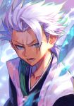  1boy bleach blue_eyes cold cowlick hankuri hitsugaya_toushirou japanese_clothes kimono male_focus portrait silver_hair spiky_hair 