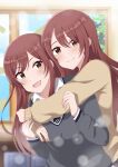  2girls absurdres beige_sweater blue_neckwear brown_eyes brown_hair collared_shirt eyebrows_visible_through_hair from_above gradient gradient_background grey_jacket hair_between_eyes hands_clasped highres idolmaster idolmaster_shiny_colors jacket long_hair looking_at_viewer multiple_girls one_eye_closed oosaki_amana oosaki_tenka open_mouth own_hands_together plaid plaid_skirt pleated_skirt rikuruuto school_uniform shirt siblings sidelocks skirt standing straight_hair striped striped_neckwear twins white_shirt 