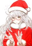  1girl bangs biwa_hayahide_(umamusume) blush coat commentary_request flying_sweatdrops glasses hands_up hat highres long_hair long_sleeves looking_at_viewer parted_lips red_coat santa_costume semi-rimless_eyewear simple_background solo sweat toi8 umamusume upper_body white_background white_hair yellow_eyes 