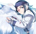  1girl absurdres ainu_clothes asirpa black_hair blue_eyes blush closed_eyes closed_mouth earrings golden_kamuy headband highres jewelry long_hair long_sleeves oh_syz one_eye_closed petting purple_headband retar smile wolf 