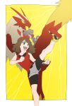  1girl :d bangs bike_shorts blaziken border bow_hairband bracelet breasts brown_hair clenched_hands collarbone commentary grey_eyes grey_shorts hairband highres jewelry kicking knees leg_up may_(pokemon) open_mouth pkpokopoko3 pokemon pokemon_(creature) pokemon_(game) pokemon_oras red_hairband red_shirt shirt shoes shorts sleeveless sleeveless_shirt smile teeth tongue upper_teeth white_border yellow_background yellow_footwear 