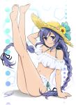  1girl absurdres aqua_bow aqua_ribbon arm_support arm_up bag bare_legs barefoot bikini black_ribbon blue_eyes blue_hair bow braid closed_mouth collarbone eyebrows_visible_through_hair floating_hair flower full_body hair_between_eyes hair_ribbon halterneck hat hat_bow hat_flower highres long_hair mushoku_tensei navel ribbon roxy_migurdia shiima shiny shiny_hair shiny_skin side-tie_bikini signature smile soles solo straw_hat sun_hat swimsuit twin_braids twintails very_long_hair white_background white_bikini yellow_flower yellow_headwear 