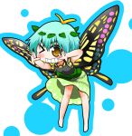  1girl antennae aqua_hair barefoot blush butterfly_wings dress eternity_larva eyebrows_visible_through_hair fairy full_body green_dress grin hair_between_eyes index_fingers_raised kawara_hajime leaf leaf_on_head multicolored_clothes multicolored_dress one_eye_closed short_hair short_sleeves single_strap smile solo touhou wings yellow_eyes 