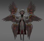  1girl absurdres angel_wings beret black_sclera cloak colored_sclera commentary english_commentary extra_eyes feathered_wings glowing glowing_eyes grey_background grey_hair hat highres horns less long_sleeves looking_at_viewer multiple_wings no_panties one_eye_closed orange_eyes original own_hands_clasped own_hands_together parted_lips pelvic_curtain robe seraph short_hair simple_background smile thigh-highs white_wings wings 