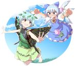  2girls antennae aqua_hair barefoot blue_bow blue_dress blue_eyes blue_hair blush bow butterfly_wings cirno collared_shirt detached_wings dress eternity_larva eyebrows_visible_through_hair fairy flower green_dress hair_between_eyes hair_bow highres ice ice_wings leaf leaf_on_head mimottei morning_glory multicolored_clothes multicolored_dress multiple_girls open_mouth outstretched_arms pink_flower puffy_short_sleeves puffy_sleeves red_eyes shirt short_hair short_sleeves single_strap smile spread_arms sunflower tanned_cirno touhou white_shirt wings yellow_flower 