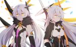  2girls :o asymmetrical_gloves bangs bare_shoulders black_gloves black_jacket blue_eyes closed_mouth dual_persona fur_collar gloves hair_between_eyes hair_ornament heterochromia honkai_(series) honkai_impact_3rd jacket kiana_kaslana kiana_kaslana_(herrscher_of_the_void) kiana_kaslana_(void_drifter) long_hair mismatched_gloves multiple_girls open_mouth shiying_no_yao simple_background teeth white_background white_hair wings yellow_eyes 