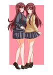  2girls absurdres beige_sweater blue_neckwear brown_eyes brown_hair collared_shirt eyebrows_visible_through_hair from_above gradient gradient_background grey_jacket hair_between_eyes hands_clasped highres idolmaster idolmaster_shiny_colors jacket long_hair looking_at_viewer multiple_girls one_eye_closed oosaki_amana oosaki_tenka open_mouth own_hands_together plaid plaid_skirt pleated_skirt rein_(pixiv14314431) school_uniform shirt siblings sidelocks skirt standing straight_hair striped striped_neckwear twins white_shirt 