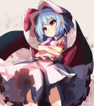  1girl absurdres ascot blue_hair bow commentary crossed_arms eyebrows_visible_through_hair fang frilled_skirt frills frown hair_between_eyes hat hat_bow highres pink_skirt pointy_ears rafa_(rafua_kz) red_ascot red_bow red_eyes skirt sleeve_bow solo touhou wings 