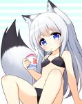  1girl absurdres animal_ear_fluff animal_ears bikini black_bikini blue_eyes breasts fox_ears fox_girl fox_tail highres long_hair looking_at_viewer mogura2009 mouth_hold navel original shaved_ice silver_hair sitting small_breasts solo swimsuit tail thighs 