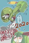  2020 2girls arms_up bangs blue_background blue_outline blush bob_cut breasts closed_eyes closed_mouth colored_skin commentary_request eating flat_chest gardevoir green_hair green_skin gulpin hair_between_eyes hair_over_one_eye holding holding_pokemon kirlia looking_at_another looking_up lowres medium_breasts motion_lines multicolored_skin multiple_girls nose_blush o3o one_eye_covered outline outstretched_arms oyama_yoihaya pokemon pokemon_(creature) red_eyes shiny shiny_hair short_hair simple_background sparkle standing thought_bubble translation_request two-tone_skin v-shaped_eyebrows white_skin 