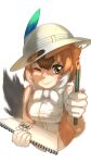  1girl absurdres animal_ears bare_shoulders blush brown_shirt commentary_request dhole_(kemono_friends) dog_ears dog_girl dog_tail drawing extra_ears gloves hat_feather helmet highres kemono_friends light_brown_hair multicolored_hair one_eye_closed pencil pith_helmet shirt short_hair sidelocks sketchbook sleeveless smile solo tail thin_(suzuneya) two-tone_hair two-tone_shirt upper_body white_gloves white_hair white_shirt yellow_eyes 