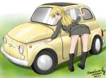  1girl anzio_military_uniform bangs belt black_footwear blonde_hair boots car carpaccio_(girls_und_panzer) commentary_request dated eyebrows_visible_through_hair fiat fiat_500 girls_und_panzer green_eyes grey_jacket grey_skirt ground_vehicle highres jacket leaning_forward long_hair long_sleeves looking_at_viewer looking_back military military_uniform miniskirt motor_vehicle nandemo_kanden open_mouth panties pantyshot partial_commentary skirt smile solo standing twitter_username underwear uniform white_panties 