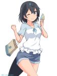  1girl ;) absurdres bag bangs bird_tail black_hair blouse blue_blouse blue_eyes blue_shorts carrying closed_mouth cowboy_shot denim denim_shorts food head_wings highres holding holding_food ice_cream_cone kemono_friends looking_at_viewer one_eye_closed shiraha_maru shopping_bag short_hair short_shorts short_sleeves shorts simple_background smile solo standing superb_bird-of-paradise_(kemono_friends) tail twitter_username white_background 