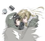  bangs black_hair blonde_hair blush chito_(shoujo_shuumatsu_ryokou) closed_mouth eyebrows_visible_through_hair gloves grey_gloves hair_between_eyes highres hood hood_up long_hair longmei_er_de_tuzi lying on_side parted_lips shiny shiny_hair shoujo_shuumatsu_ryokou sketch snow under_covers white_background yuri yuuri_(shoujo_shuumatsu_ryokou) 