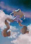  absurdres closed_eyes closed_mouth clouds commentary_request full_body hand_up highres jirachi no_humans outdoors pinon_(suiseiseki1999) pokemon pokemon_(creature) shooting_star sky smile solo 