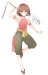  1girl breasts brown_eyes brown_hair full_body gensou_suikoden gensou_suikoden_ii hairband highres hottaryou nanami_(suikoden) nunchaku pants shirt short_hair simple_background solo weapon white_background wristband 