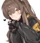  1girl armband bangs black_gloves black_jacket blush brown_eyes brown_hair commentary dutch_angle eyebrows_visible_through_hair fei_(songyijie) fingerless_gloves girls_frontline gloves hair_between_eyes heart hood hood_down hooded_jacket interlocked_fingers jacket long_hair looking_at_viewer one_side_up open_mouth own_hands_clasped own_hands_together palms_together scar scar_across_eye simple_background solo ump45_(girls&#039;_frontline) upper_body white_background 