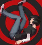  1girl belt black_background black_belt black_eyes black_hair black_shirt bob_cut denim from_side full_body grey_pants highres layered_sleeves long_sleeves looking_at_viewer ohya_ichiko pants persona persona_5 red_background red_lips shiny shiny_hair shirt short_hair short_over_long_sleeves short_sleeves solo two-tone_background umenituru white_sleeves 