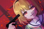  1girl :d bangs black_hairband blonde_hair collarbone collared_shirt dutch_angle eyebrows_visible_through_hair fang green_shirt gun hair_between_eyes hairband handgun highres higurashi_no_naku_koro_ni holding holding_gun holding_weapon houjou_satoko mizuno374 neckerchief pink_neckerchief portrait red_background red_eyes sailor_collar sailor_shirt shiny shiny_hair shirt short_hair smile solo weapon white_sailor_collar 