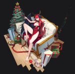  1girl absurdres alcohol barefoot bottle box character_request christmas_tree copyright_request couch dark_background doll drink full_body gift gift_box glass_bottle highres jason_kim nail_polish red_eyes red_nails redhead solo_focus 