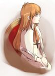  1girl chair closed_mouth cross cross_necklace dress highres jewelry long_hair necklace orange_hair orange_ribbon own_hands_together ribbon simple_background sitting solo sophia_(xenogears) violet_eyes wakita white_dress xenogears 