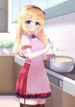  1girl apron azur_lane bangs blonde_hair blue_eyes blush breasts commentary_request commission conet510 cooking garter_straps gloves hairband high-waist_skirt highres kitchen leander_(azur_lane) long_hair looking_at_viewer plaid_trim pleated_skirt pot puffy_short_sleeves puffy_sleeves retrofit_(azur_lane) shirt short_sleeves skeb_commission skirt smile solo stove thigh-highs twitter_username white_shirt 