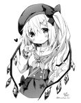  1girl anzu_ame artist_name closed_mouth commentary_request crystal fang flandre_scarlet frills greyscale hat hat_ribbon long_sleeves medium_hair monochrome one_side_up puffy_sleeves ribbon shirt skirt smile solo touhou vest wings 