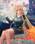  1girl autumn_leaves bangs bare_legs black_sweater blonde_hair blurry blurry_foreground braid closed_mouth clouds collarbone dress eyebrows_visible_through_hair fate_testarossa french_braid full_moon hair_between_eyes leaf long_hair long_sleeves looking_at_viewer lyrical_nanoha mahou_shoujo_lyrical_nanoha_strikers maple_leaf moon night off-shoulder_sweater off_shoulder outdoors red_eyes shiny shiny_hair short_dress sitting smile solo sougetsu_izuki stairs sweater sweater_dress very_long_hair 